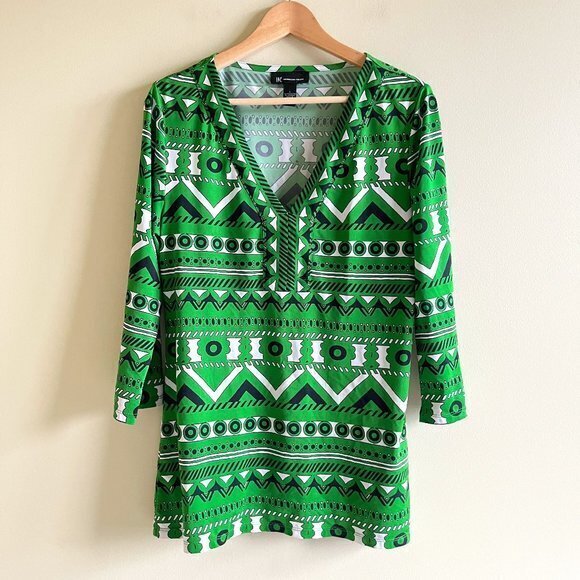 INC International Concept V Neck 3/4 Sleeve Blouse‎ Top Green Aztec Print Size L - Picture 1 of 3
